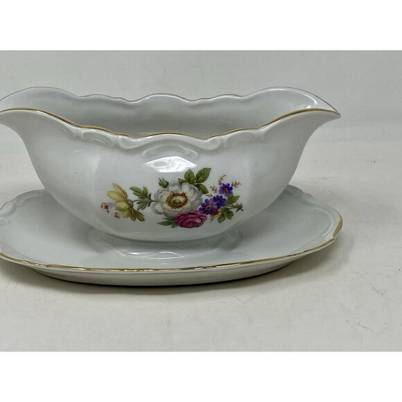 Mitterteich Gravy Boat With Attached Plate Meissen Floral Gold Trim Germany - Picture 4 of 10